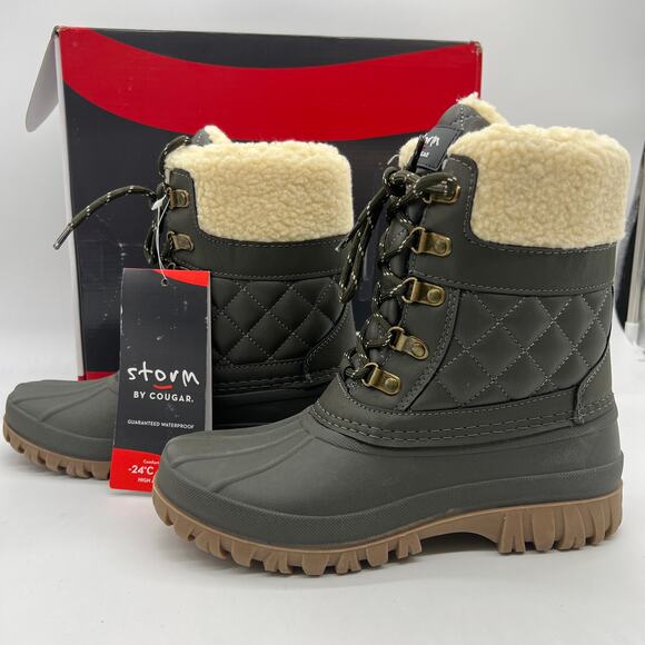 Cougar Waterproof Winter Boots Size 7 Medium Green Olive Quilt Carlisle Lace Up - Picture 1 of 13